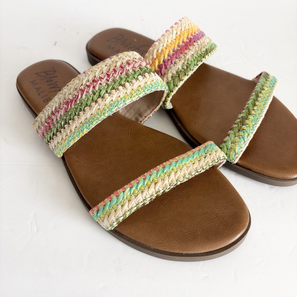 Blowfish Malibu Size 8M Multi Tan Green Pink Raffia CURTIS 2 Slide Sandals - EUC